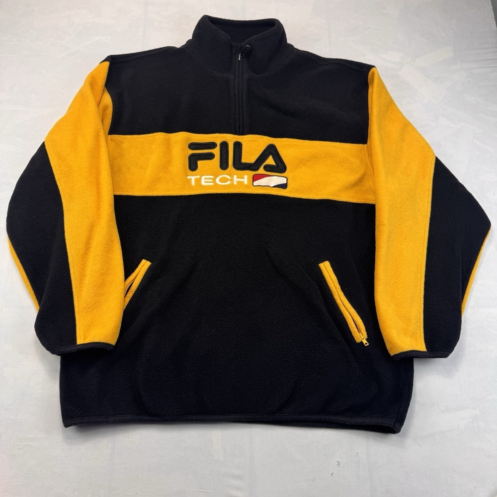 Vintage FILA Tech Mens XL Black Yellow Colorblock Quarter Zip Fleece Pullover